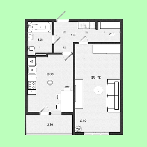 Купить 1-комнатную квартиру 39,2 кв.м.