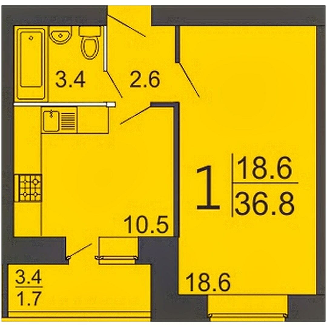Купить 1-комнатную квартиру 36,8 кв.м.