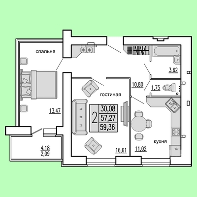 Купить 2-комнатную квартиру <span style="font-weight: bold;">59,36</span> кв.м.&nbsp;